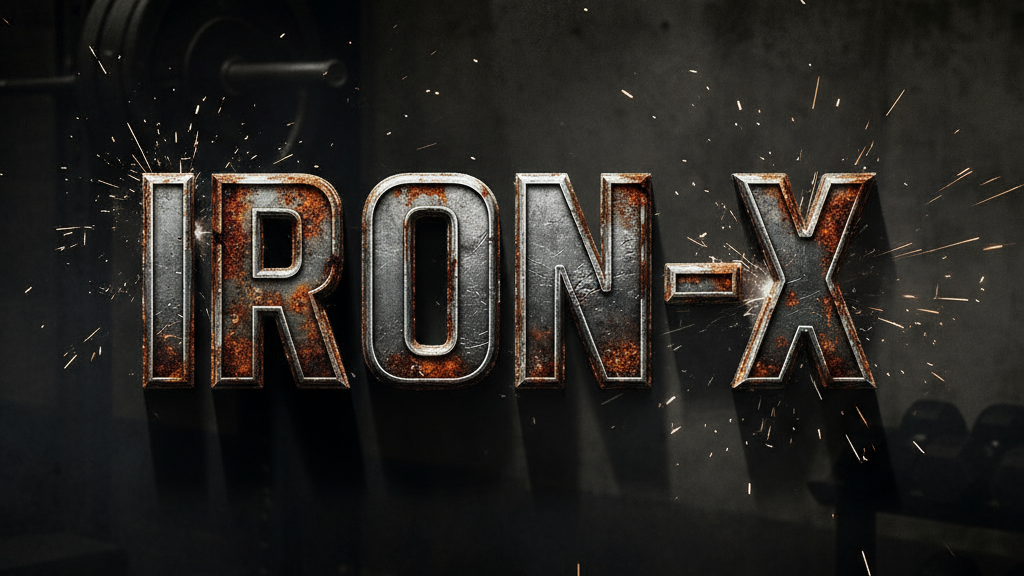 IRON-X logo with a weightlifting background, gritty vibe

